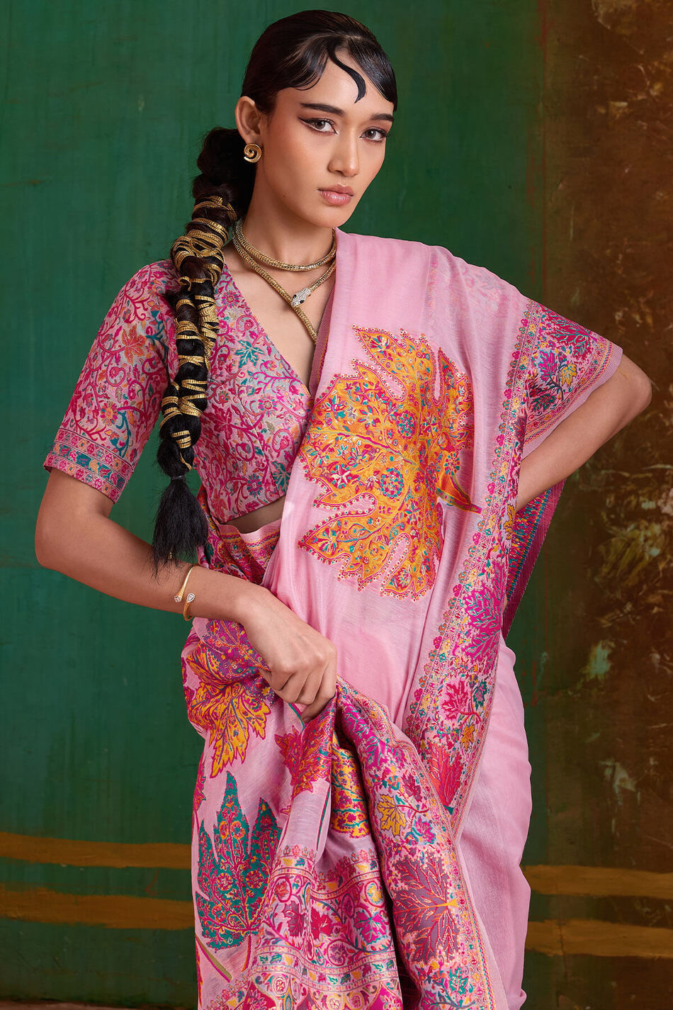 Powder Pink Kashmiri Modal Pashmina Silk Saree