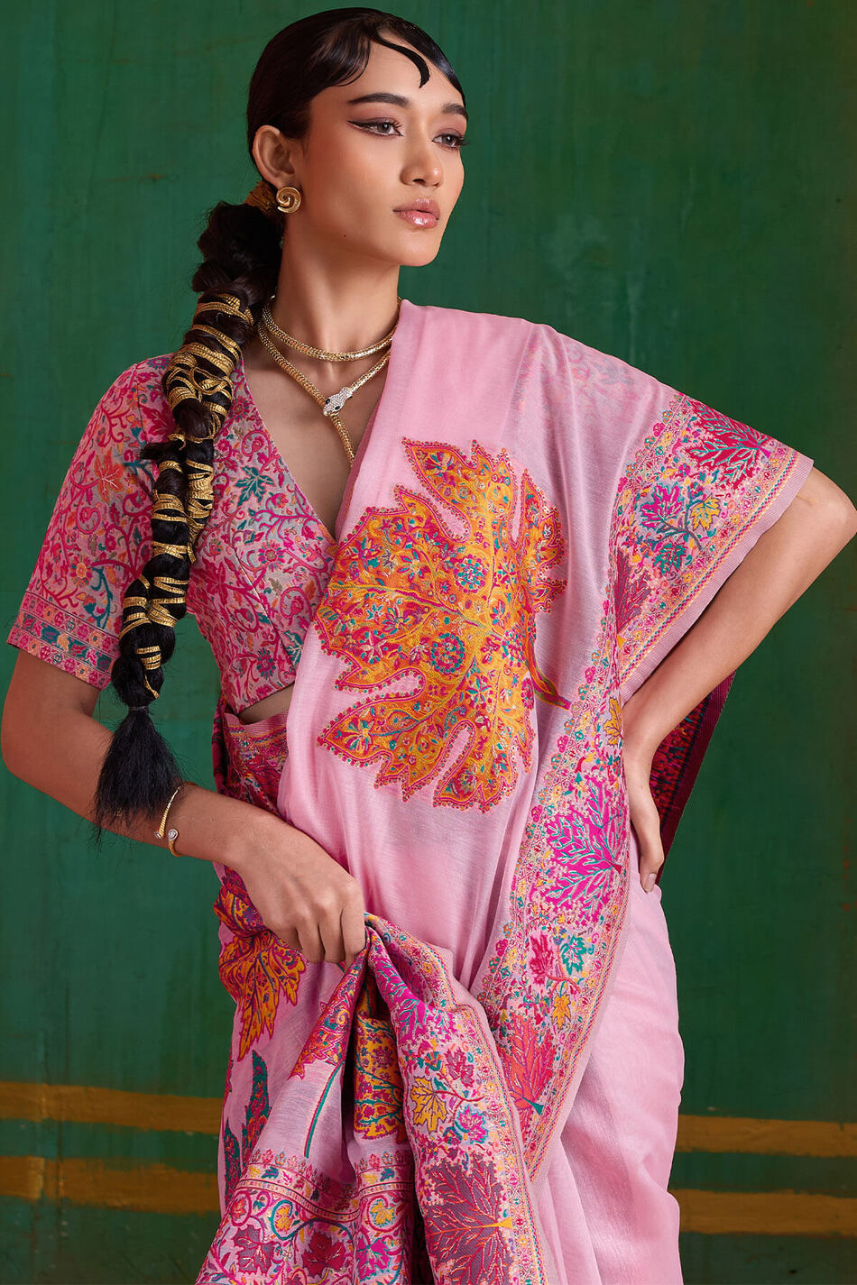Powder Pink Kashmiri Modal Pashmina Silk Saree