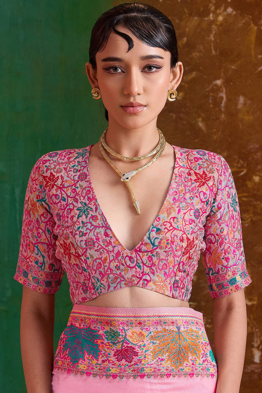 Powder Pink Kashmiri Modal Pashmina Silk Saree
