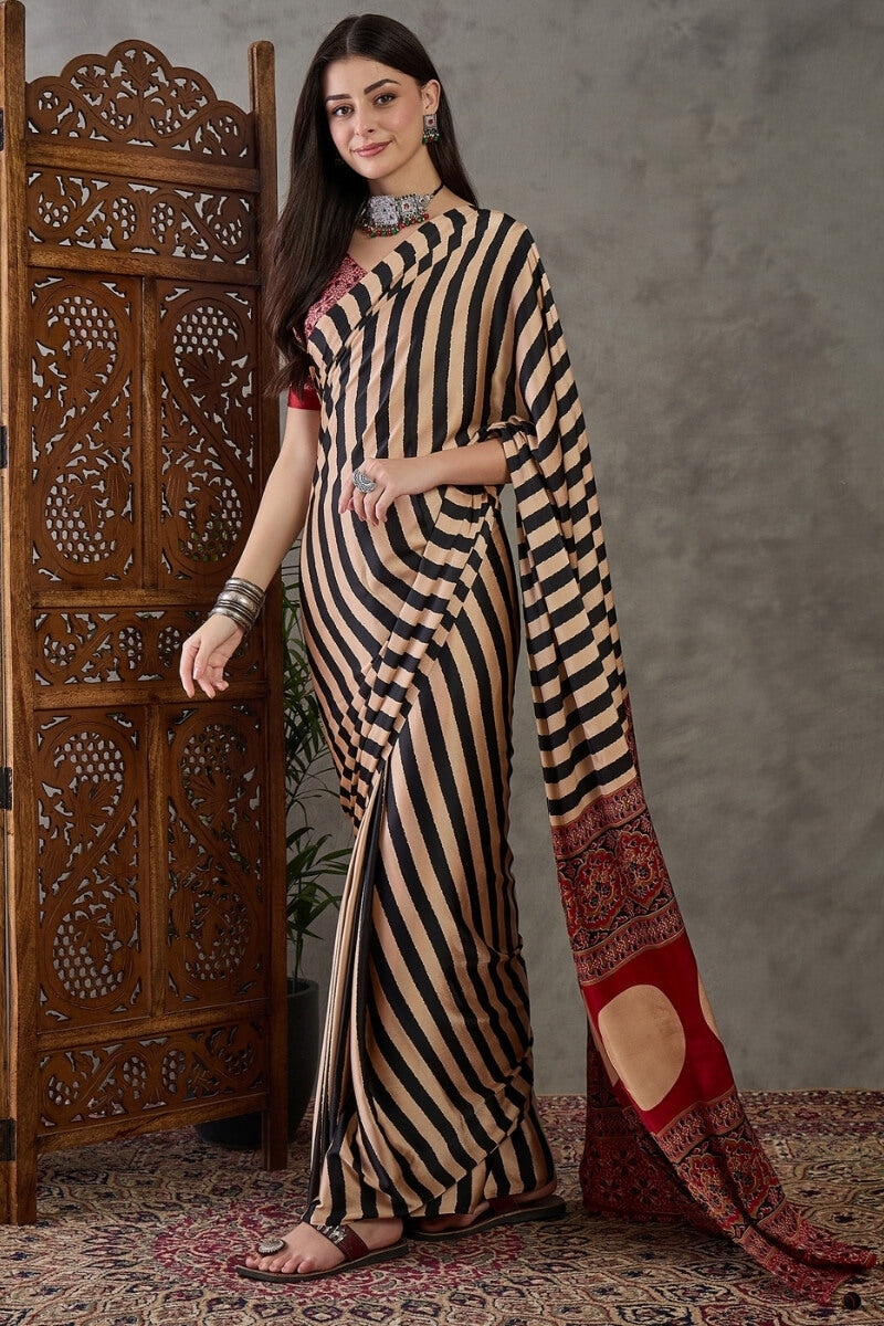 Primeval Black Stripe Ajrakh Printed Satin Silk Saree