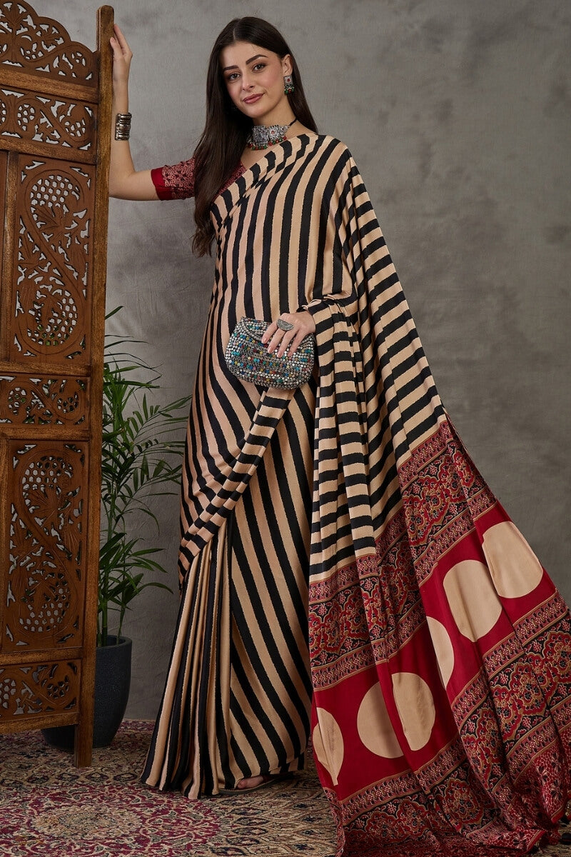 Primeval Black Stripe Ajrakh Printed Satin Silk Saree