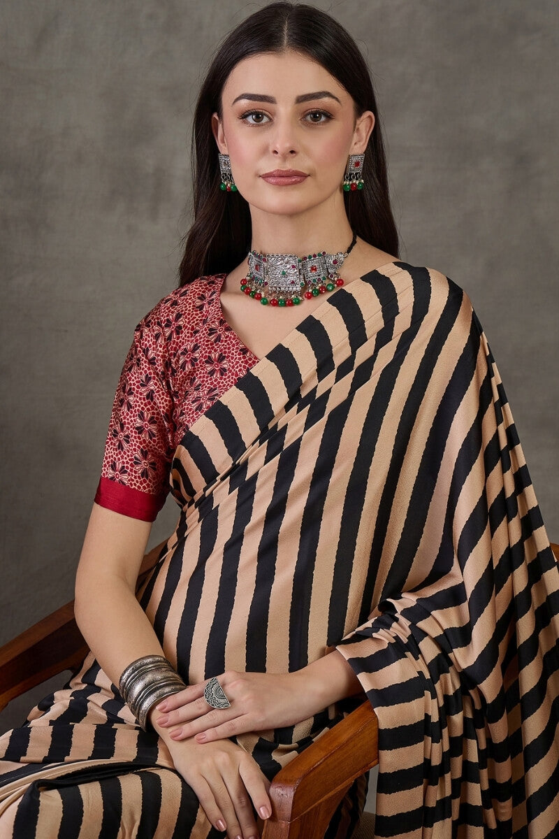 Primeval Black Stripe Ajrakh Printed Satin Silk Saree