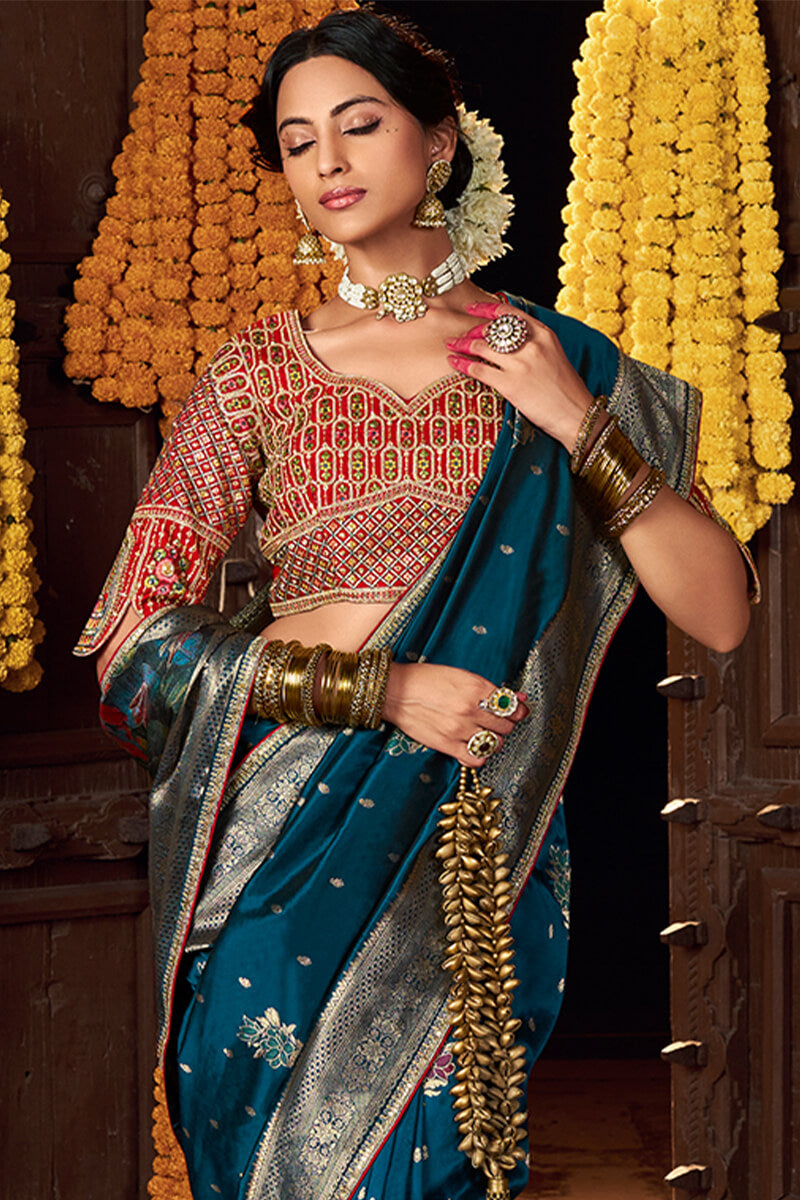 Prussian Blue Pure Silk Saree With Embroidery Blouse