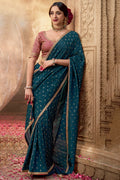 Prussian Blue Pure Viscose Crepe Silk Saree with Embroidery Blouse Piece