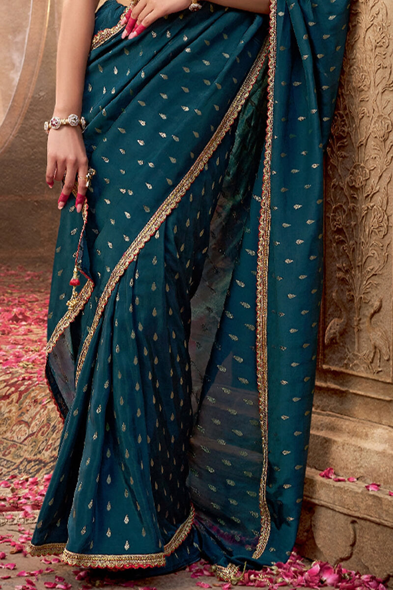 Prussian Blue Pure Viscose Crepe Silk Saree with Embroidery Blouse Piece