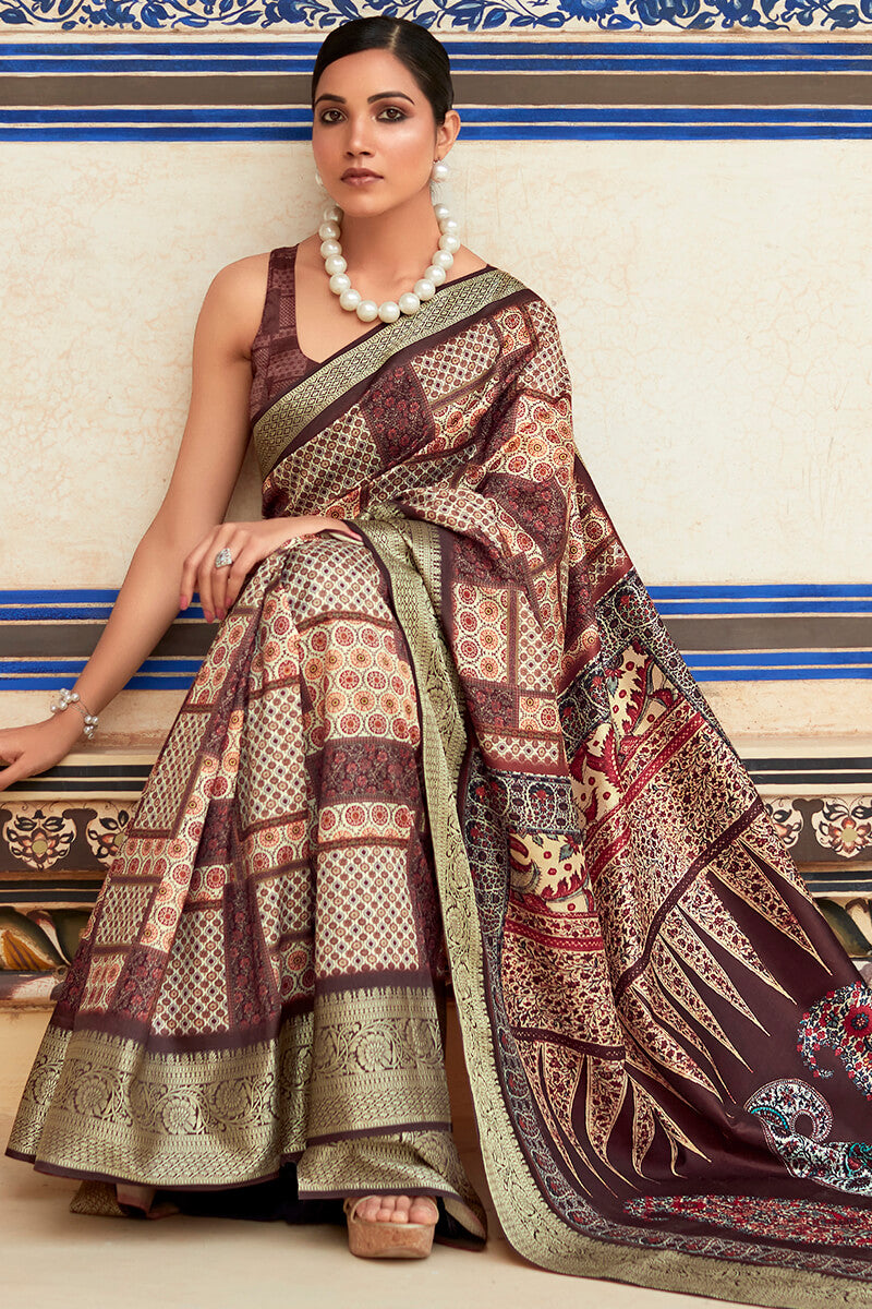 Purplish Brown Printed Dola Silk Saree