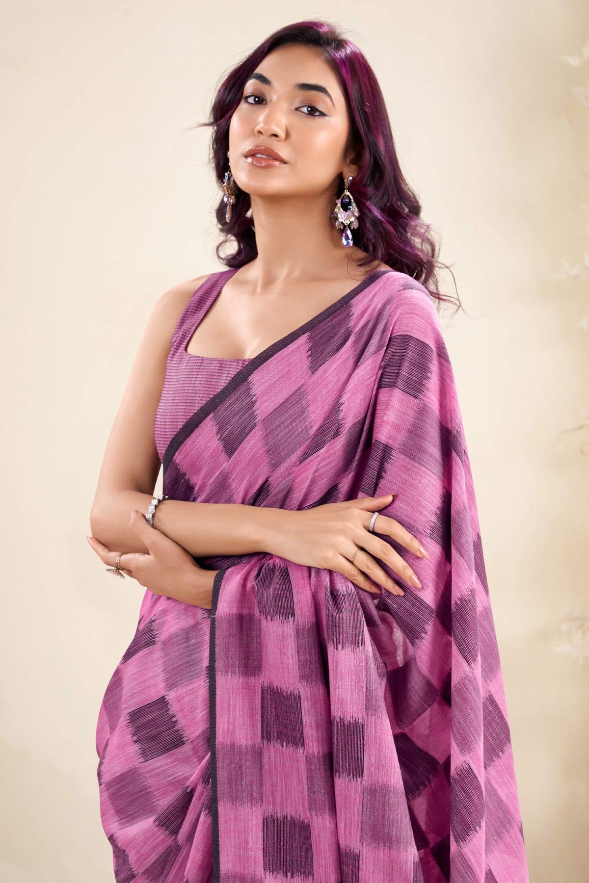 Purplish Pink Zari Woven Linen Silk Saree
