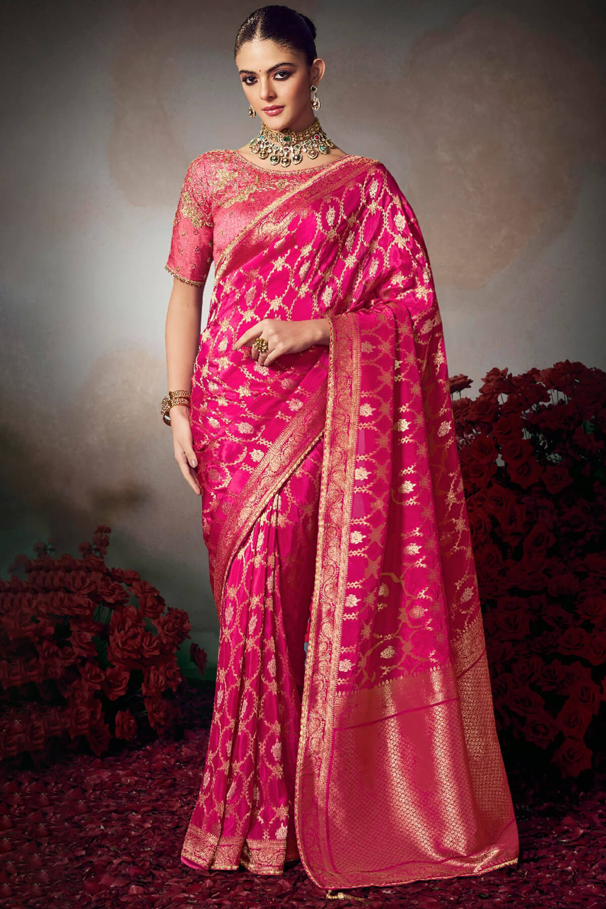 Raspberry Pink Banarasi Silk Saree with Designer Blouse Piece
