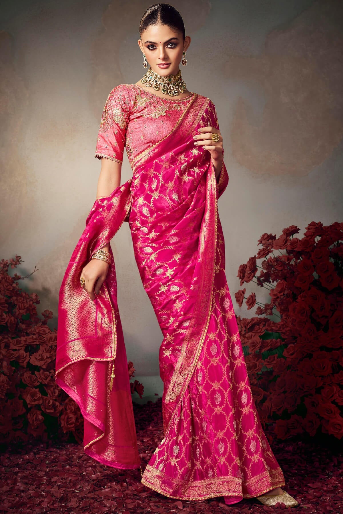 Raspberry Pink Banarasi Silk Saree with Designer Blouse Piece