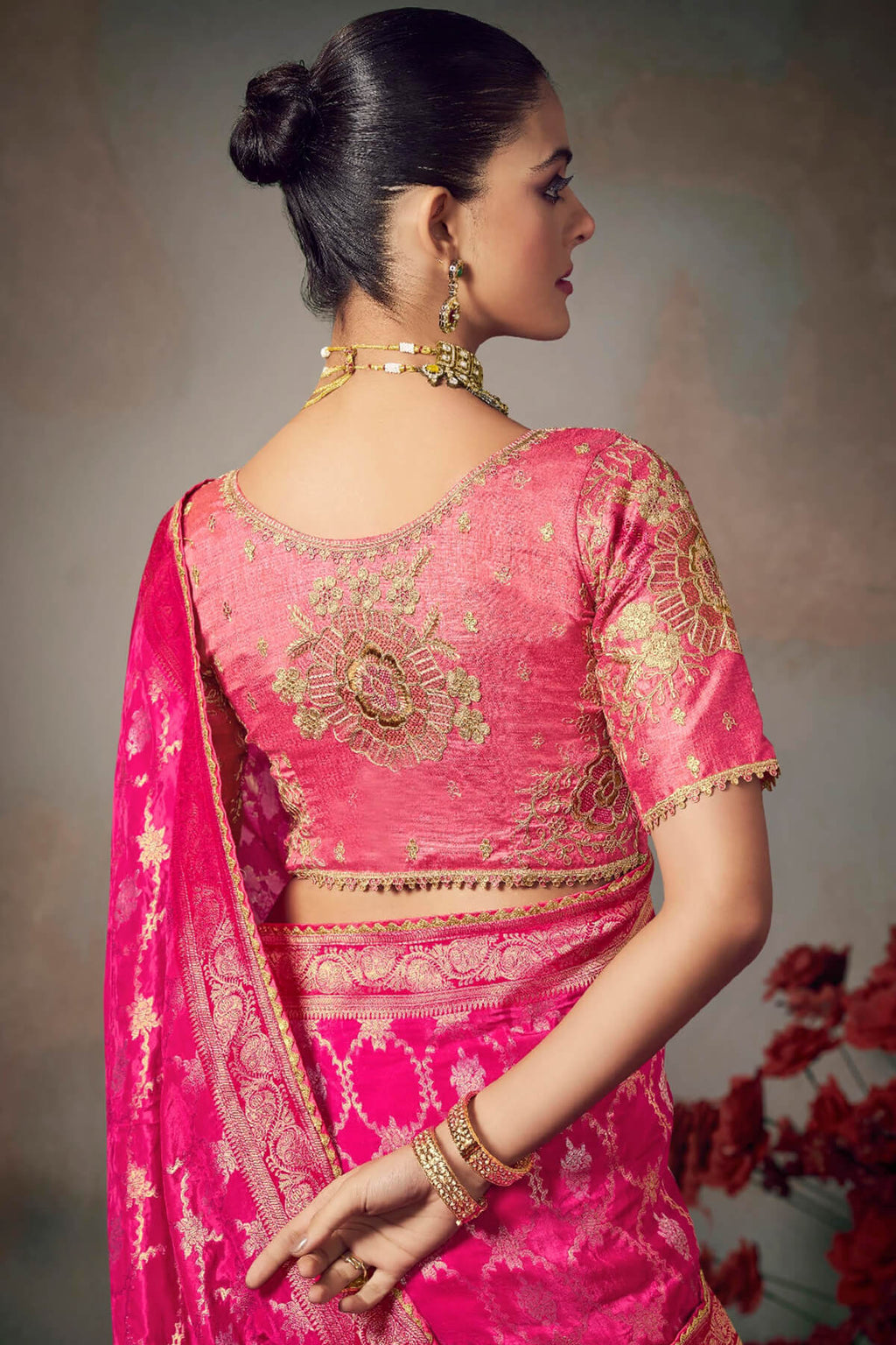 Raspberry Pink Banarasi Silk Saree with Designer Blouse Piece