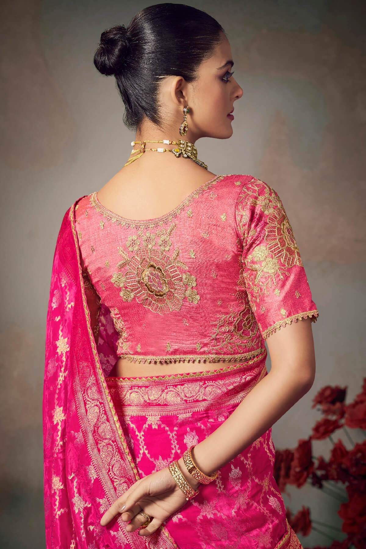 Raspberry Pink Banarasi Silk Saree with Designer Blouse Piece