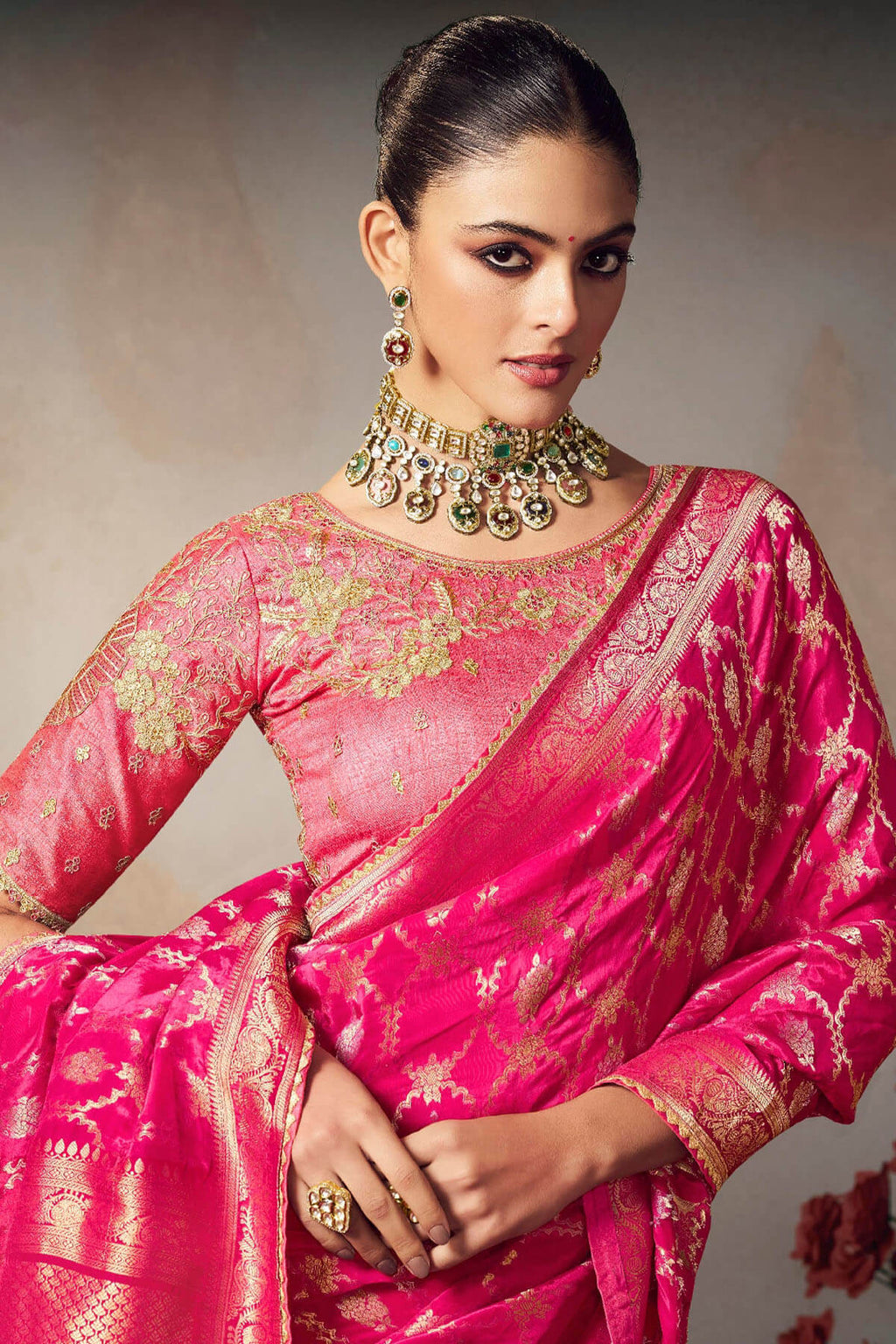 Raspberry Pink Banarasi Silk Saree with Designer Blouse Piece