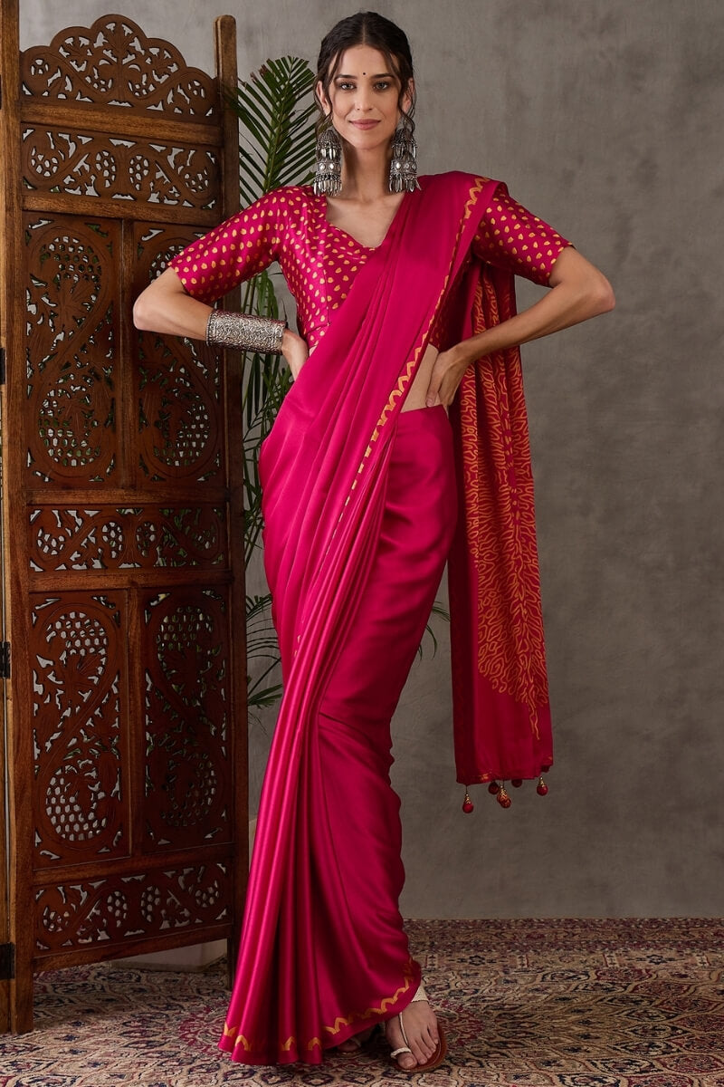 Raspberry Pink Printed Satin Silk Saree