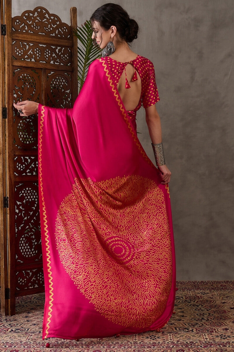 Raspberry Pink Printed Satin Silk Saree