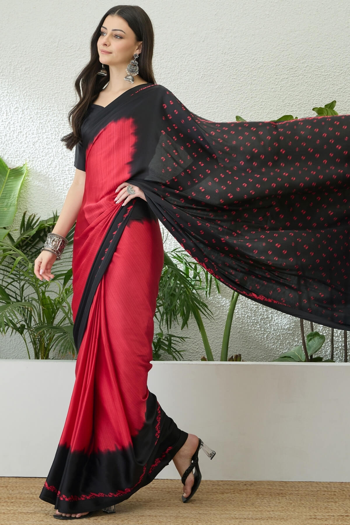 Red and Black Printed Satin Silk Saree