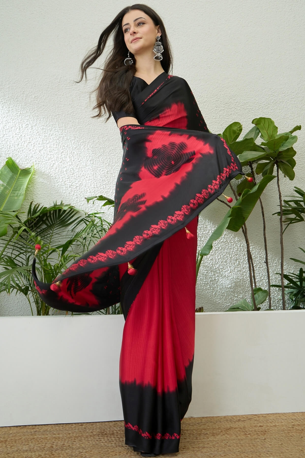 Red and Black Printed Satin Silk Saree