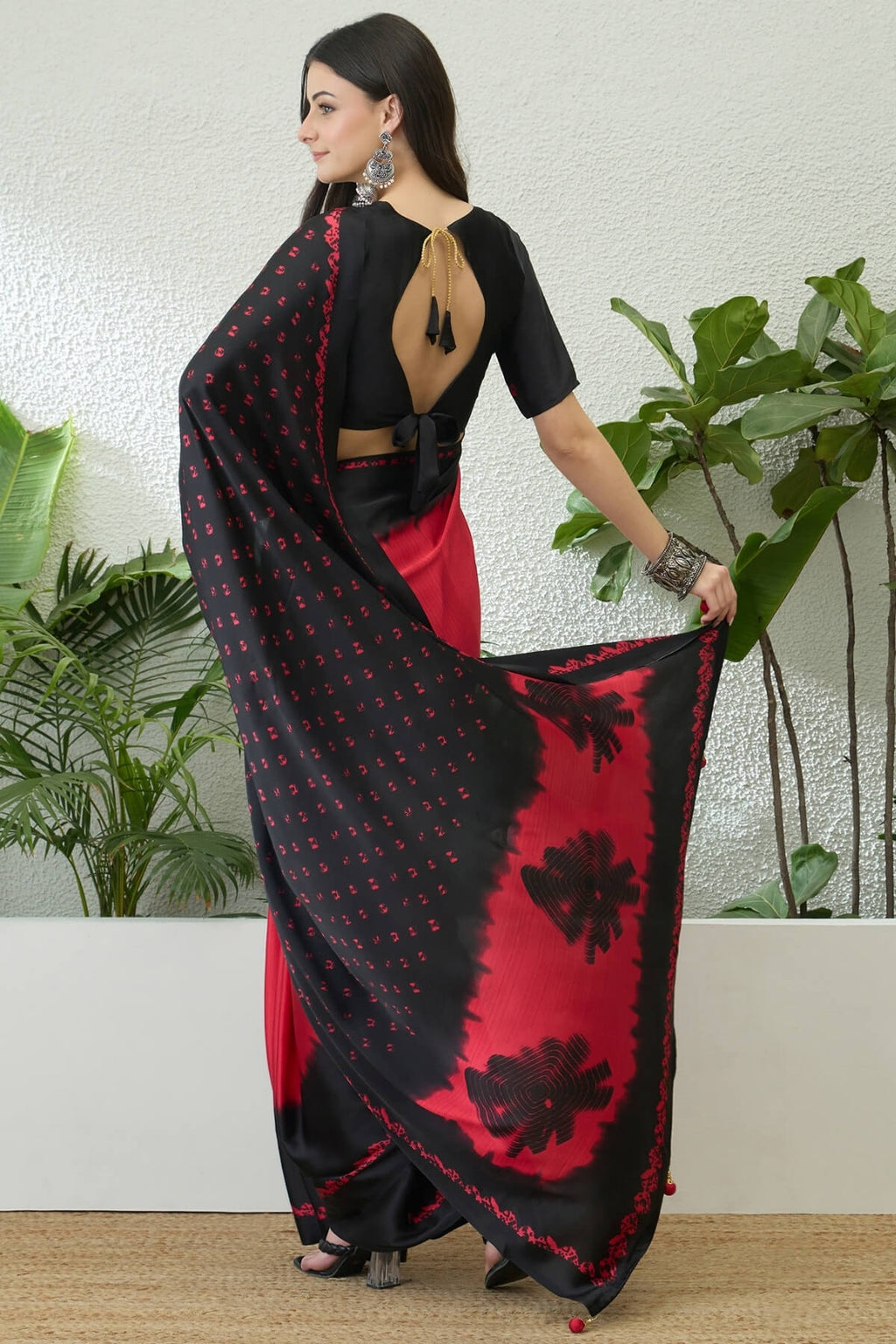 Red and Black Printed Satin Silk Saree