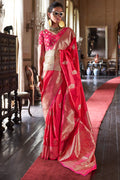 Red Pink Two tone Banarasi Silk Saree