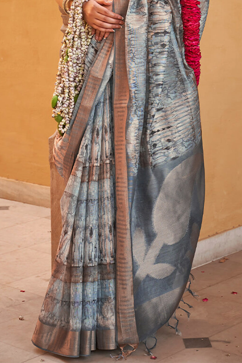 Regent Grey Digital Printed Linen Silk Saree