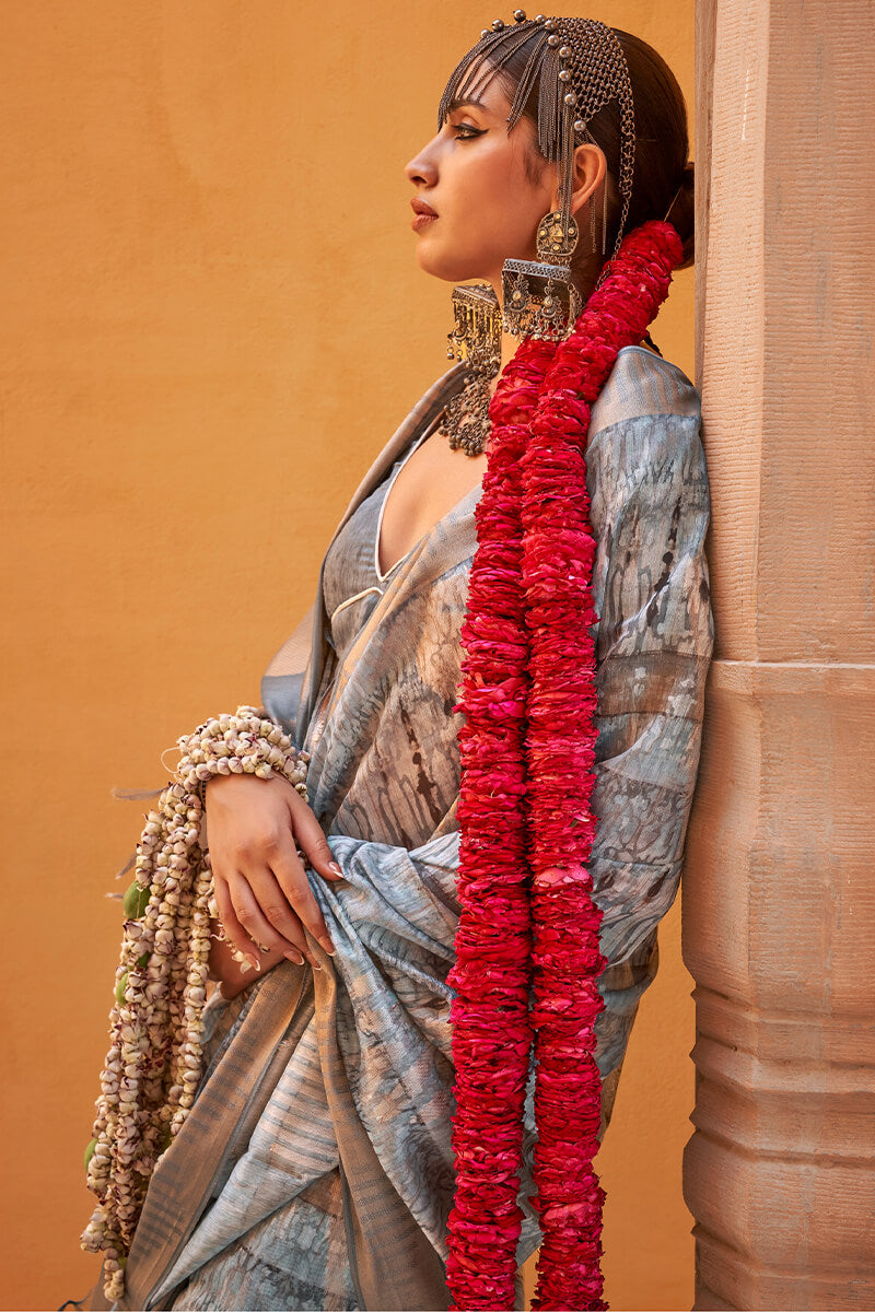 Regent Grey Digital Printed Linen Silk Saree