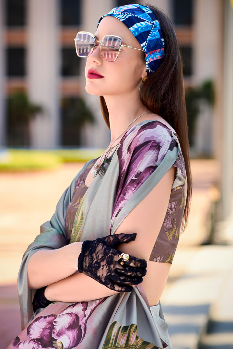 Regent Grey Printed Satin Crepe Silk Saree