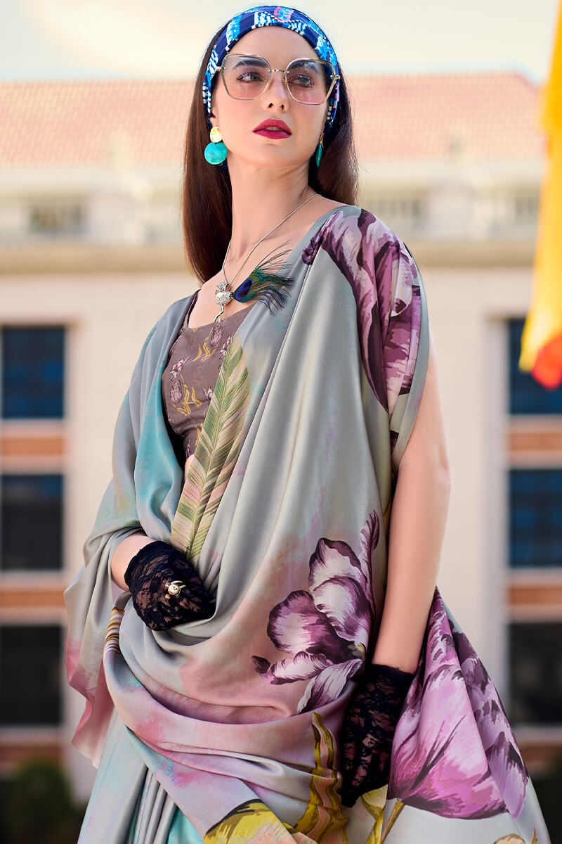 Regent Grey Printed Satin Crepe Silk Saree