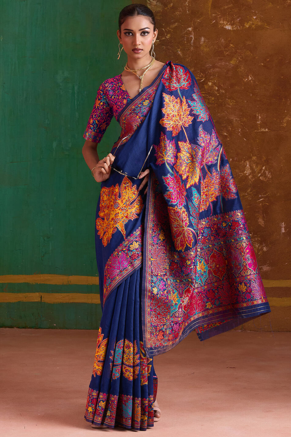 Rhino Blue Kashmiri Modal Pashmina Silk Saree