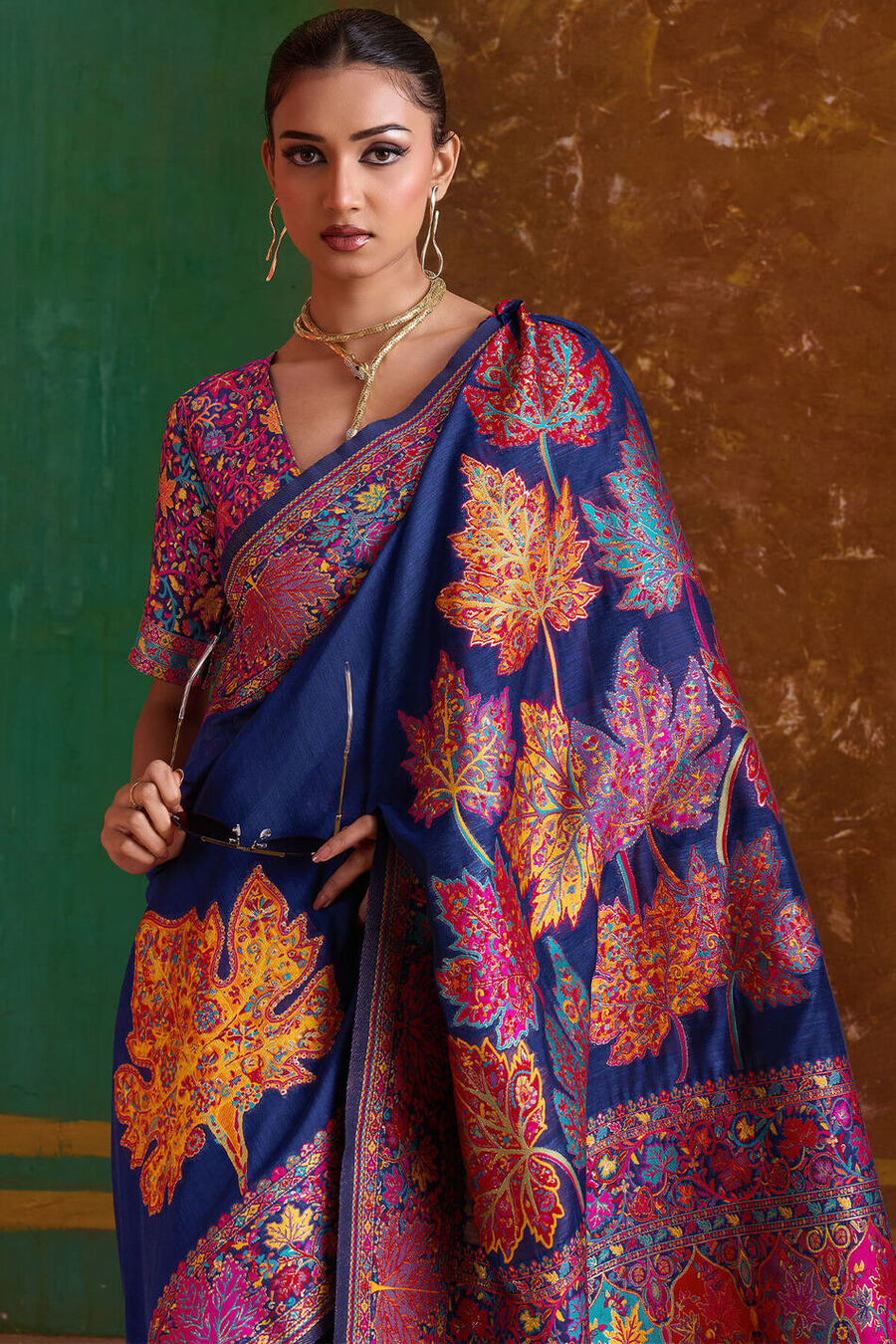 Rhino Blue Kashmiri Modal Pashmina Silk Saree