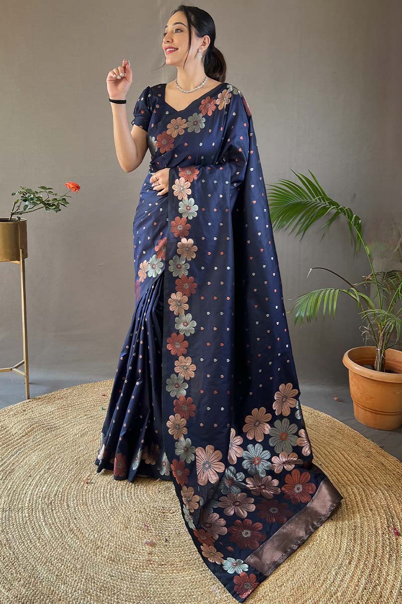 Rhino Blue Soft Banarasi Silk Saree