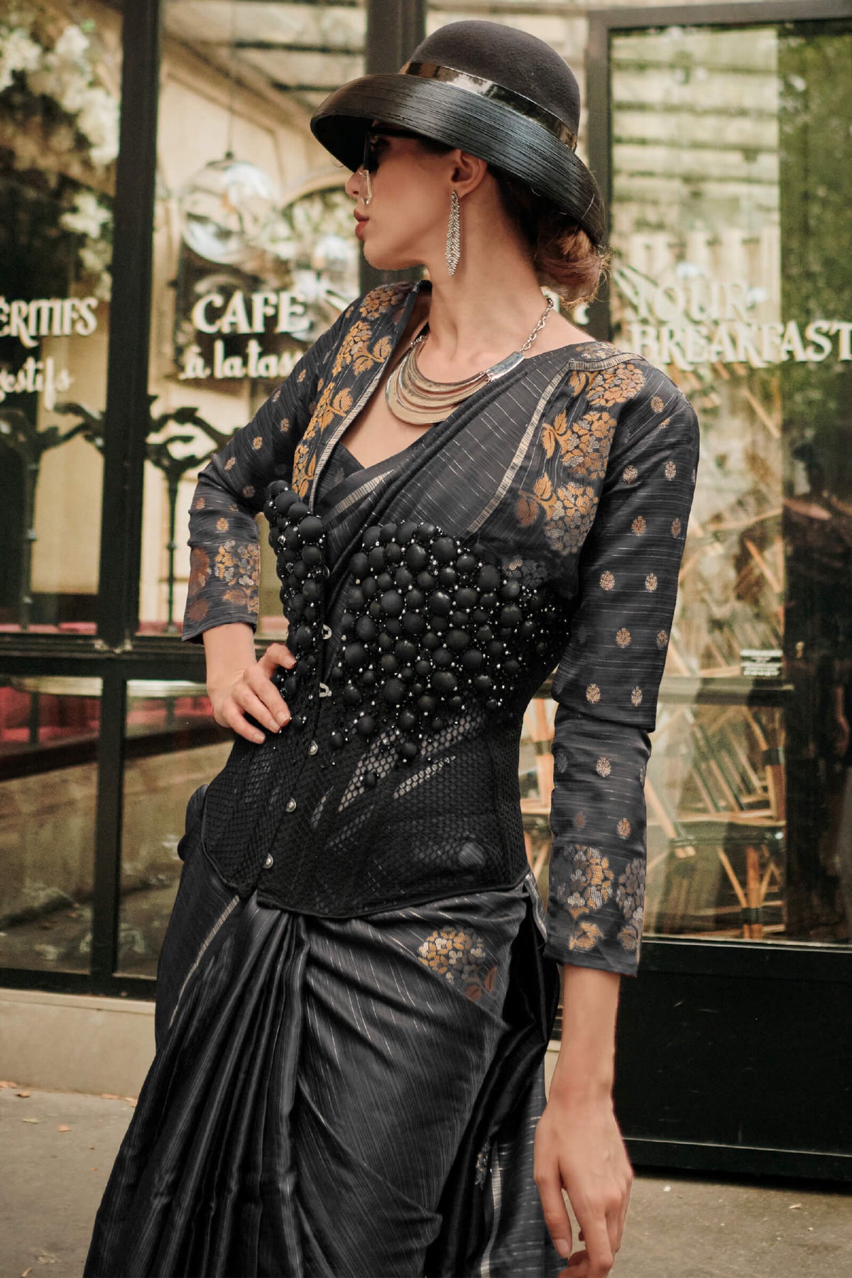 Rich Black Zari Line Banarasi Satin Silk Saree