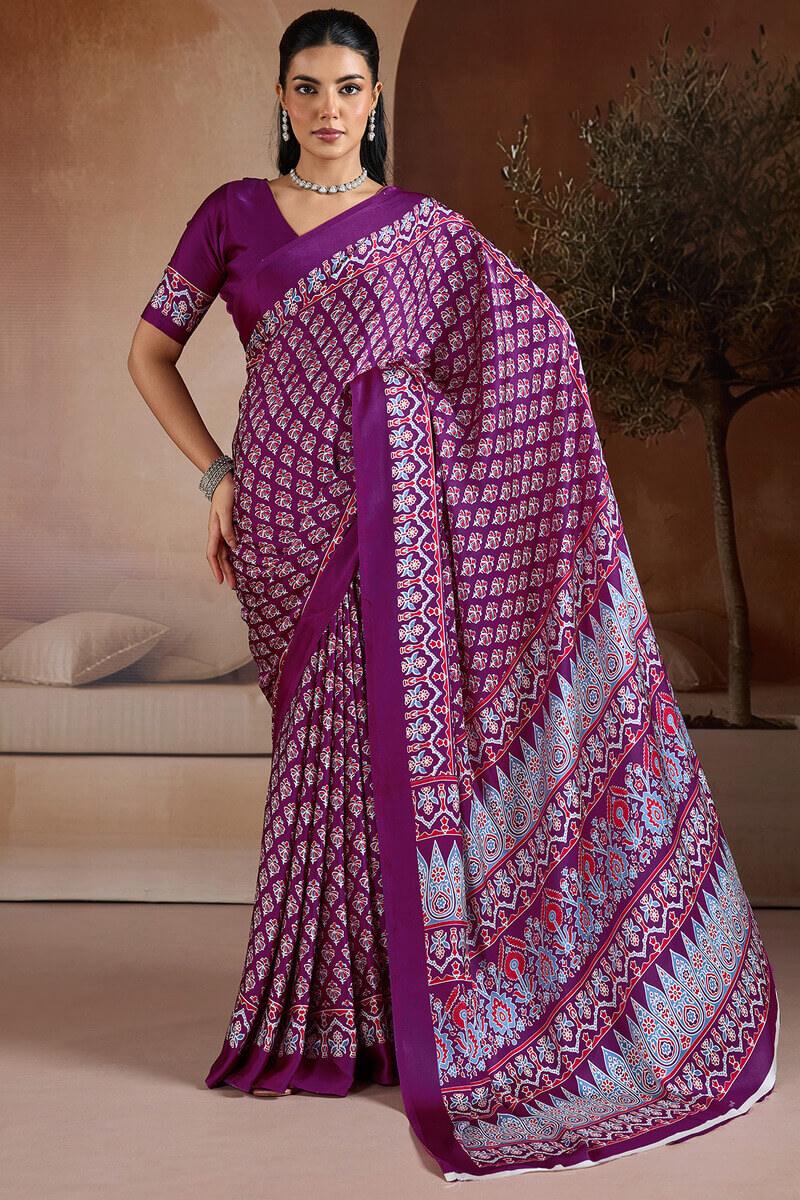 Rich Purple Ajrakh Printed Satin Crepe Silk Saree