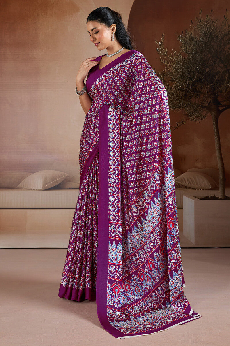 Rich Purple Ajrakh Printed Satin Crepe Silk Saree