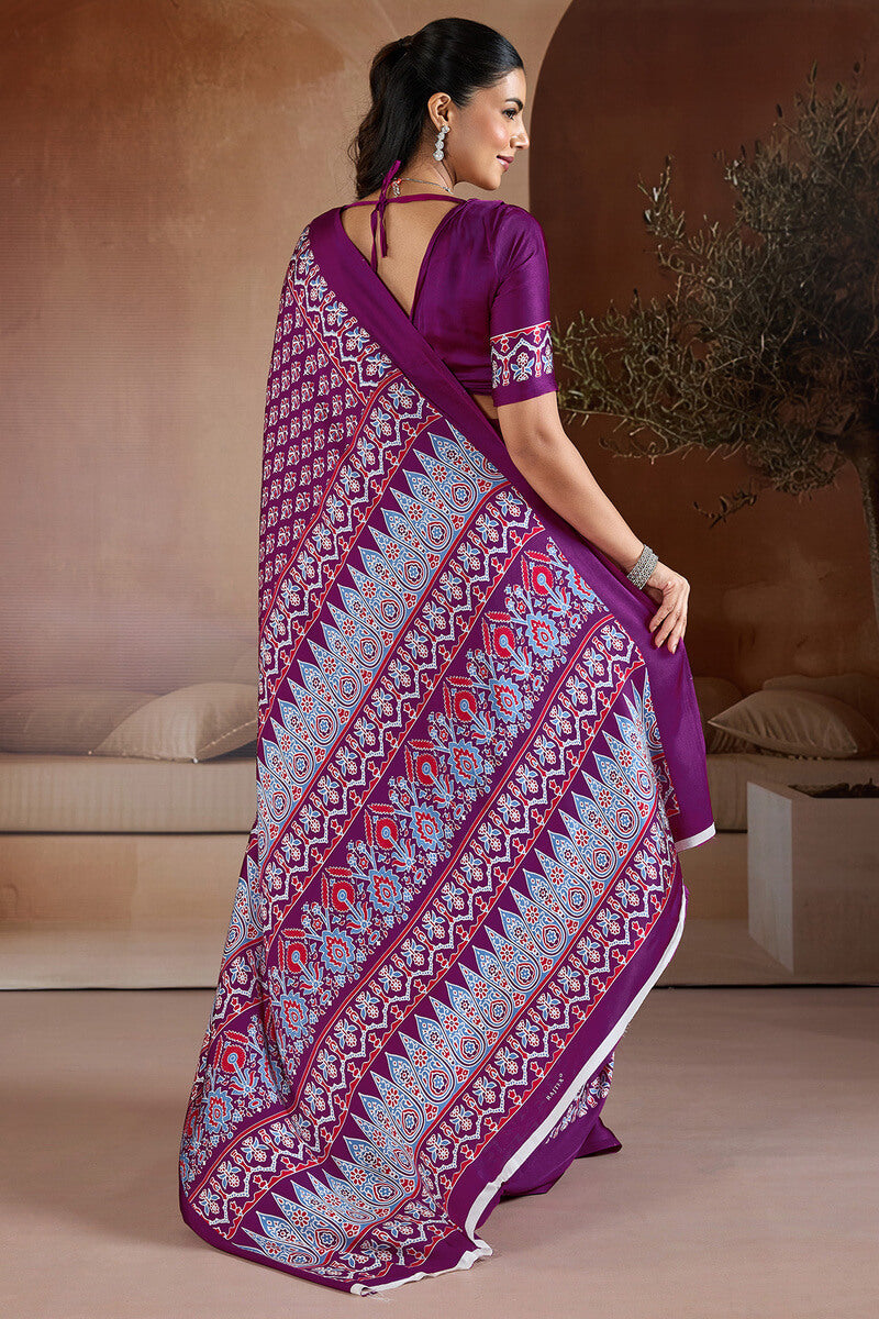 Rich Purple Ajrakh Printed Satin Crepe Silk Saree