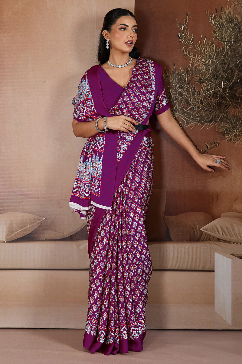 Rich Purple Ajrakh Printed Satin Crepe Silk Saree