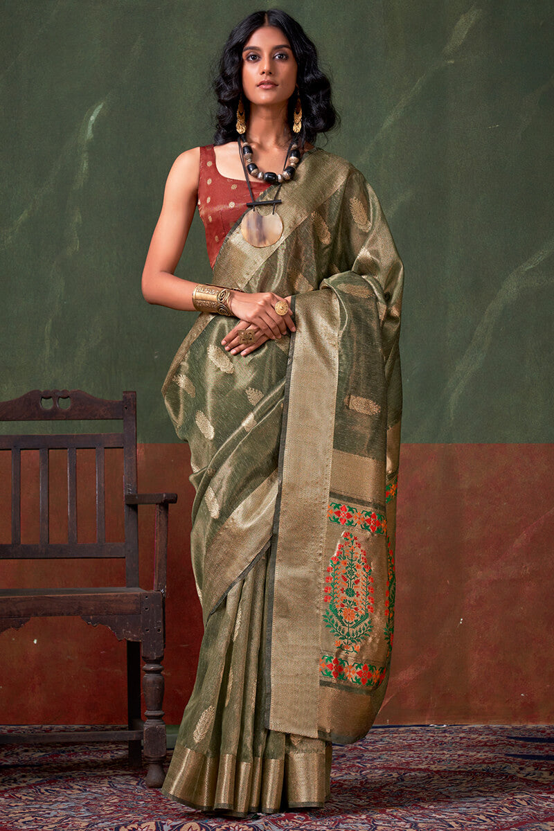 Rifle Green Paithani Tissue Silk Saree
