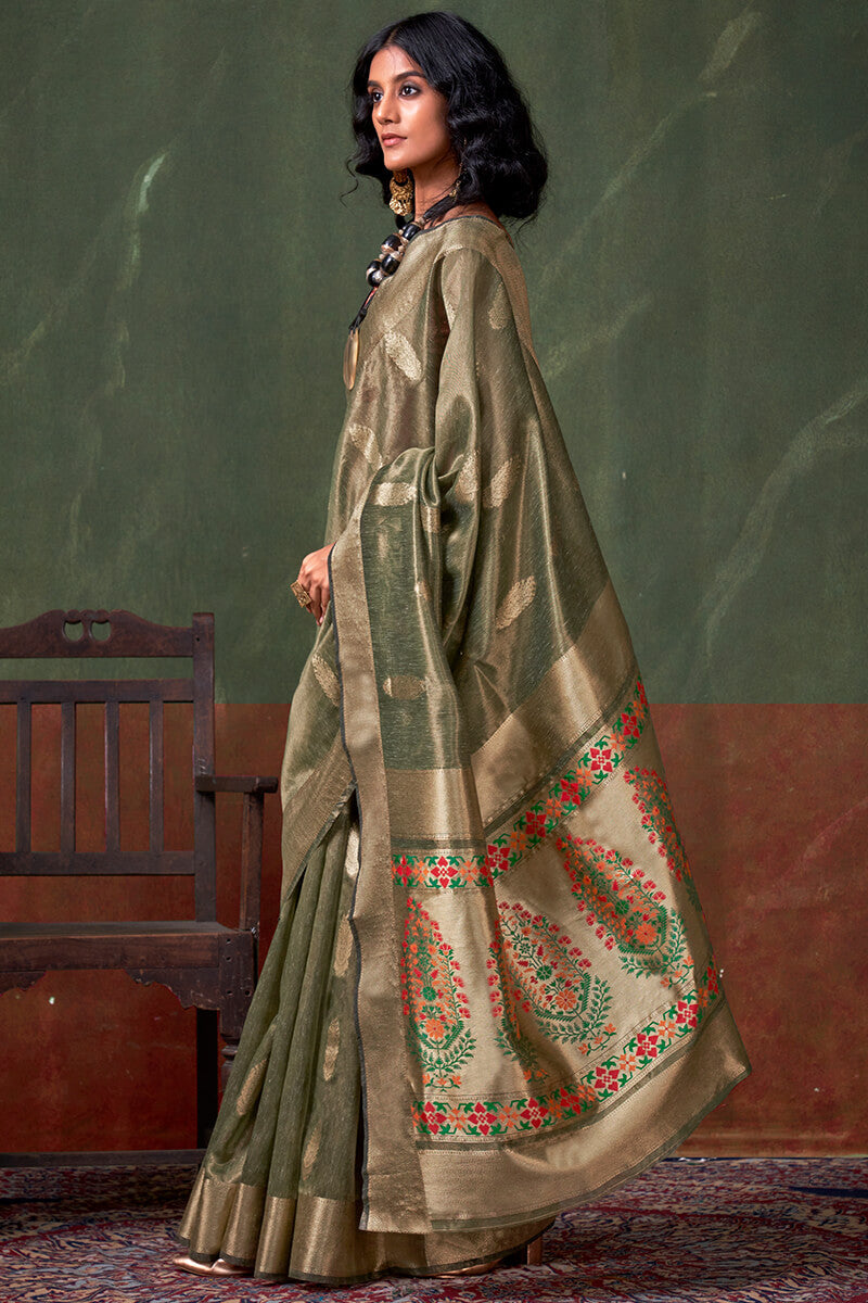 Rifle Green Paithani Tissue Silk Saree