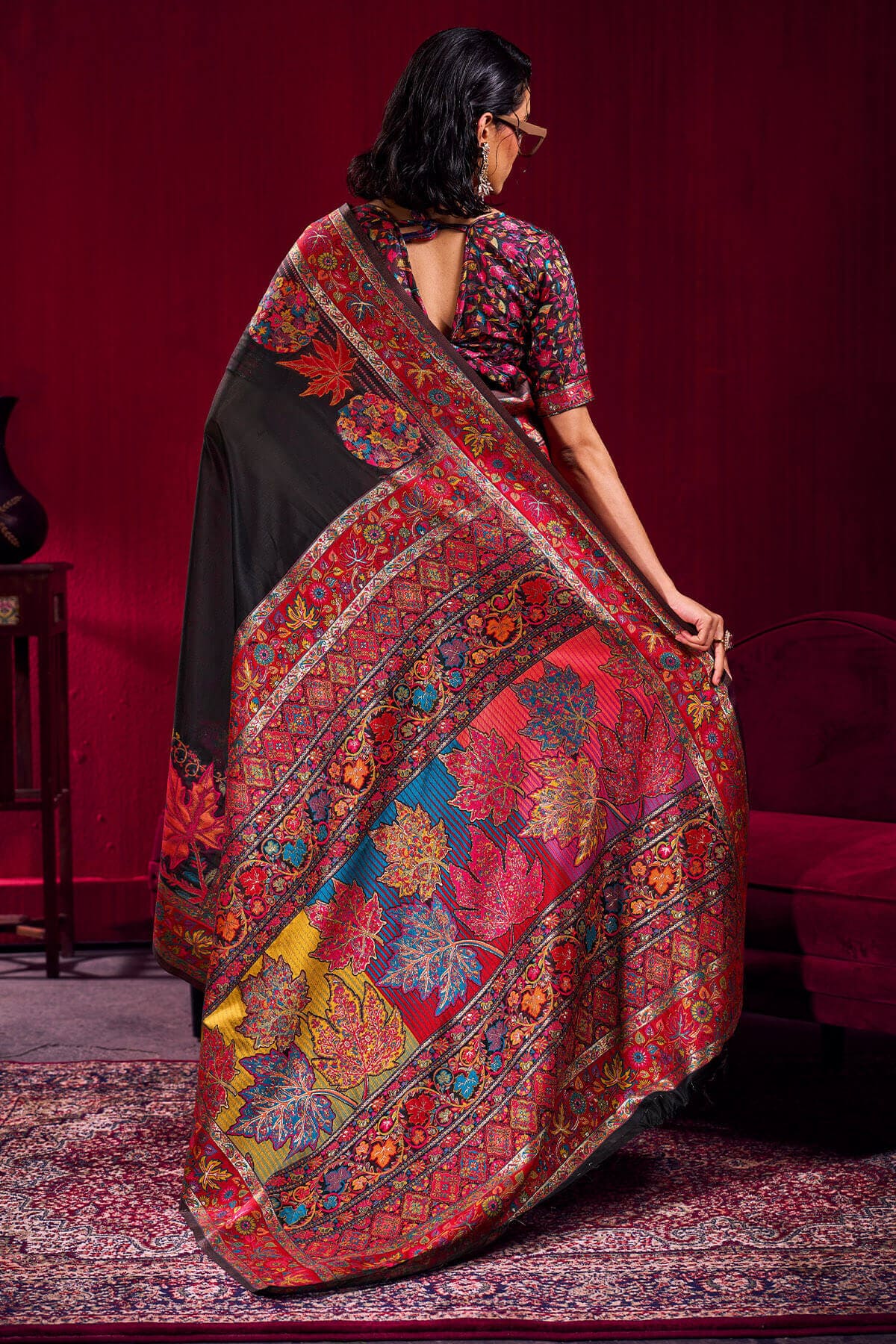 Rodeo Black Kashmiri Modal Pashmina Silk Saree