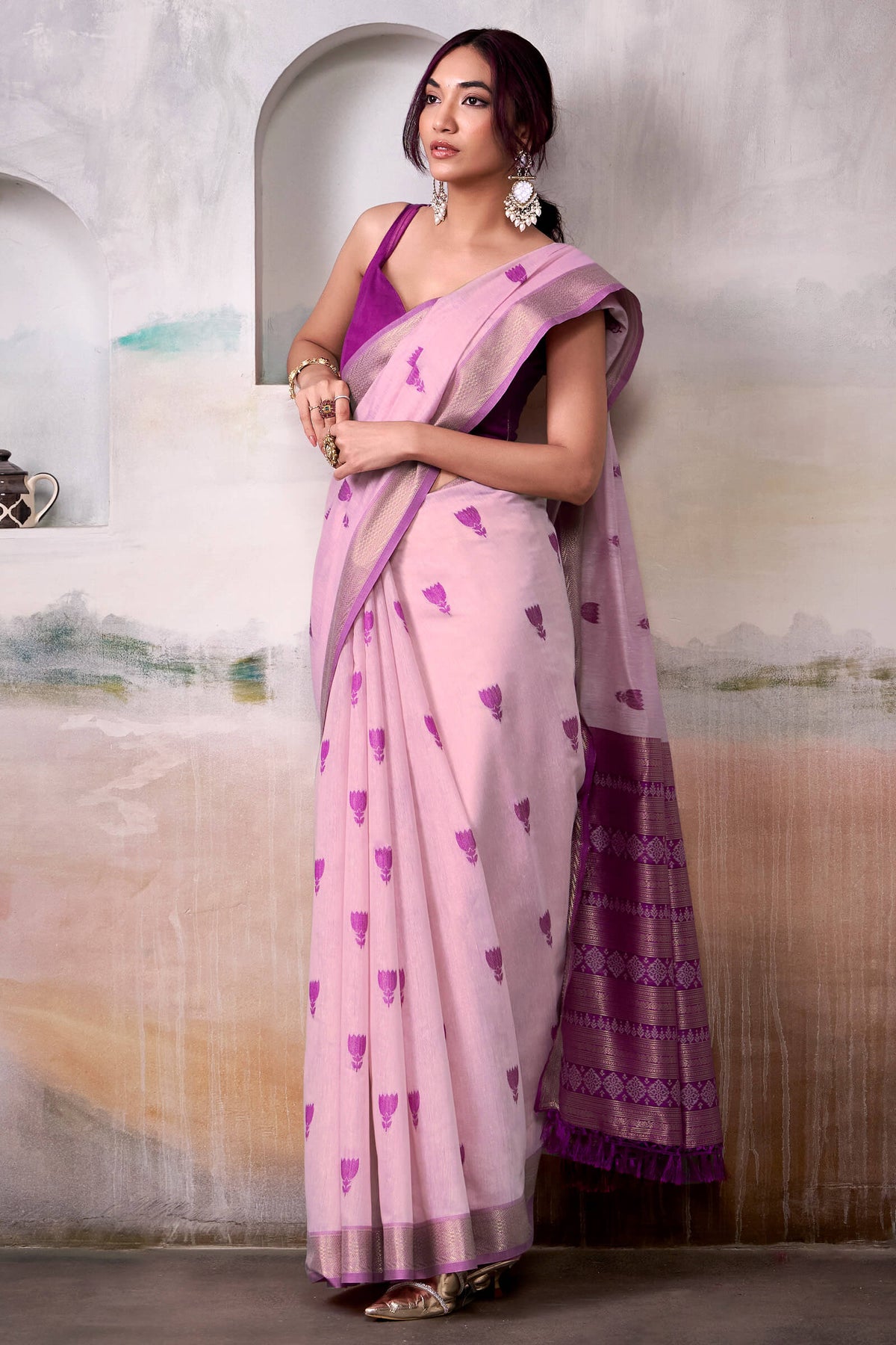 Rose Lavender Zari Woven Cotton Silk Saree