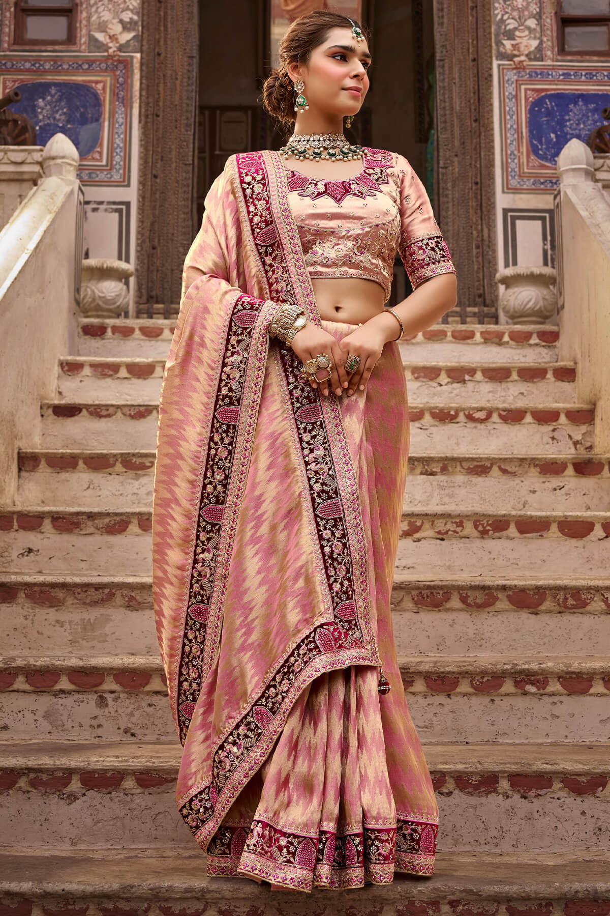 Rose Pink Hand Work Viscose Saree with Stiched Blouse