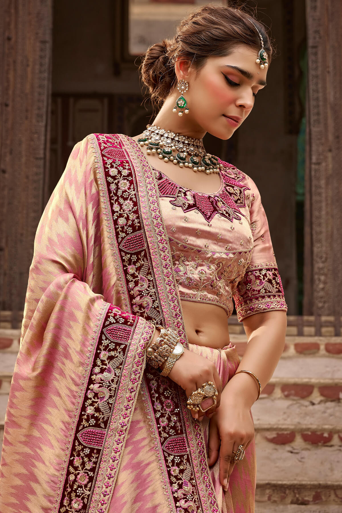 Rose Pink Hand Work Viscose Saree with Stiched Blouse