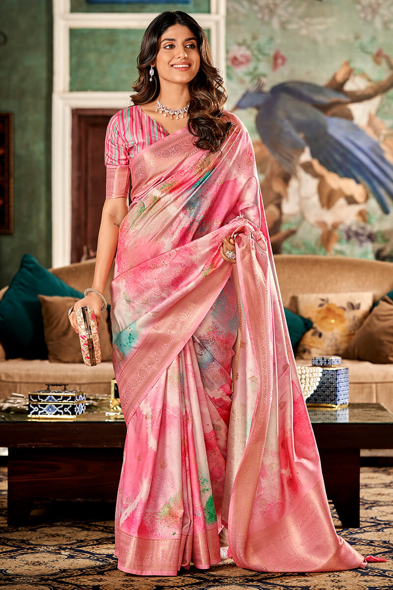 Rose Pink Printed Soft Silk Saree