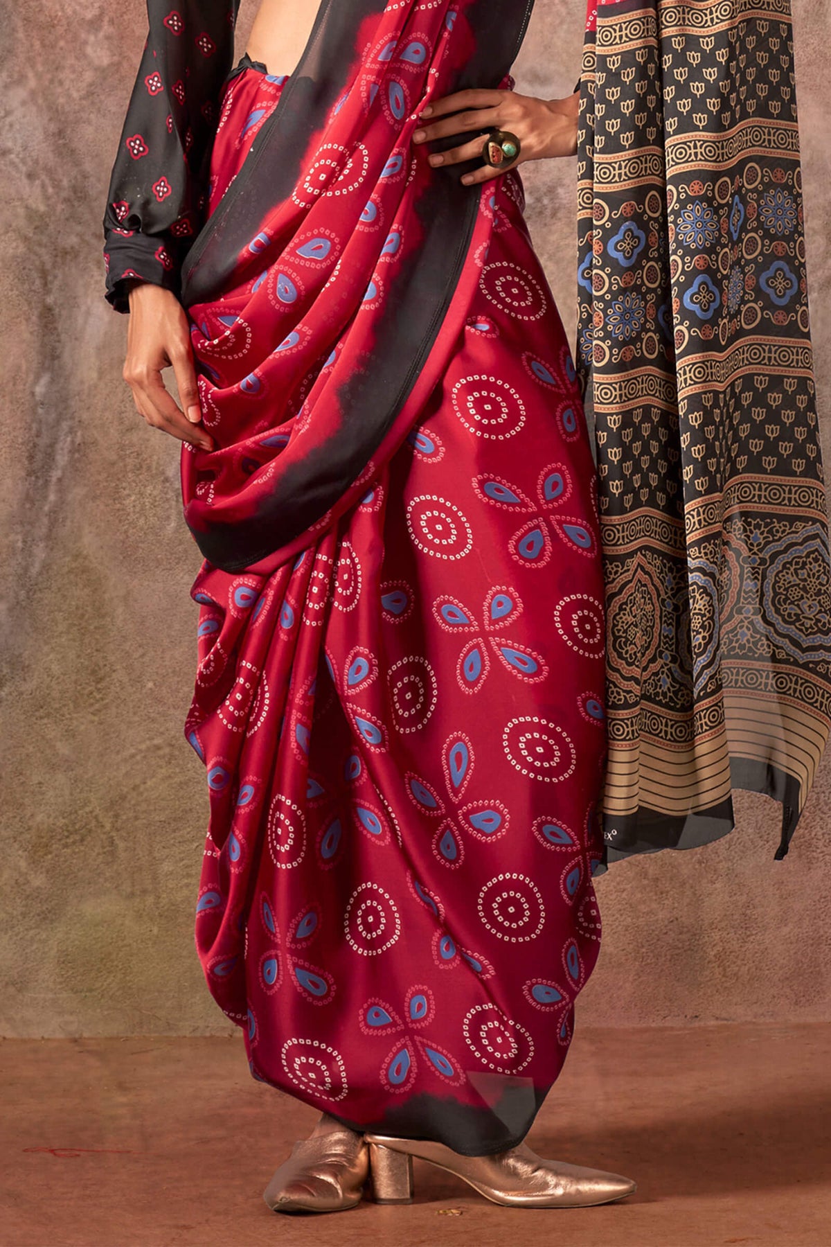 Rose Red Ajarkh Printed Satin Georgette Silk Saree