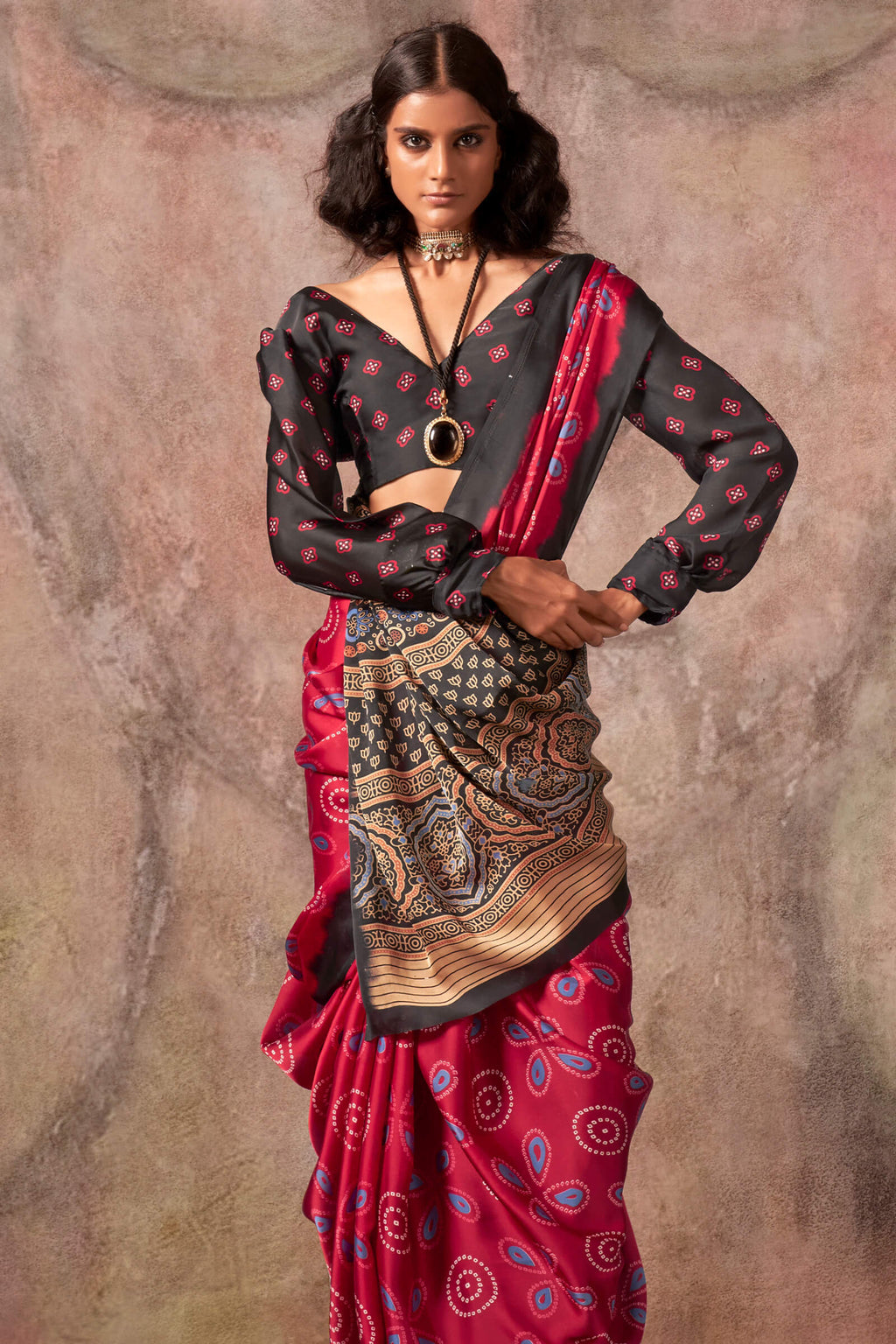 Rose Red Ajarkh Printed Satin Georgette Silk Saree