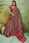 Rose Red Ajrakh Printed Semi Modal Satin Silk Saree