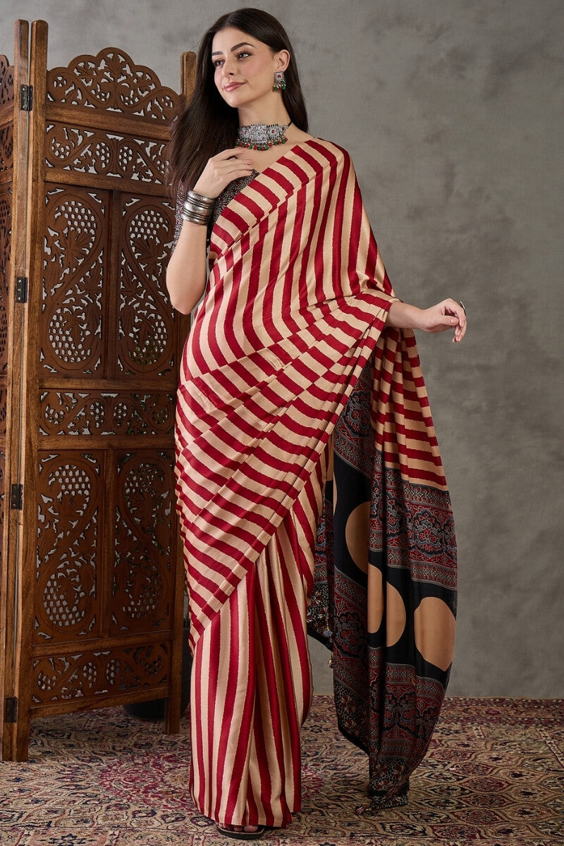 Rose Red Stripe Ajrakh Printed Satin Silk Saree