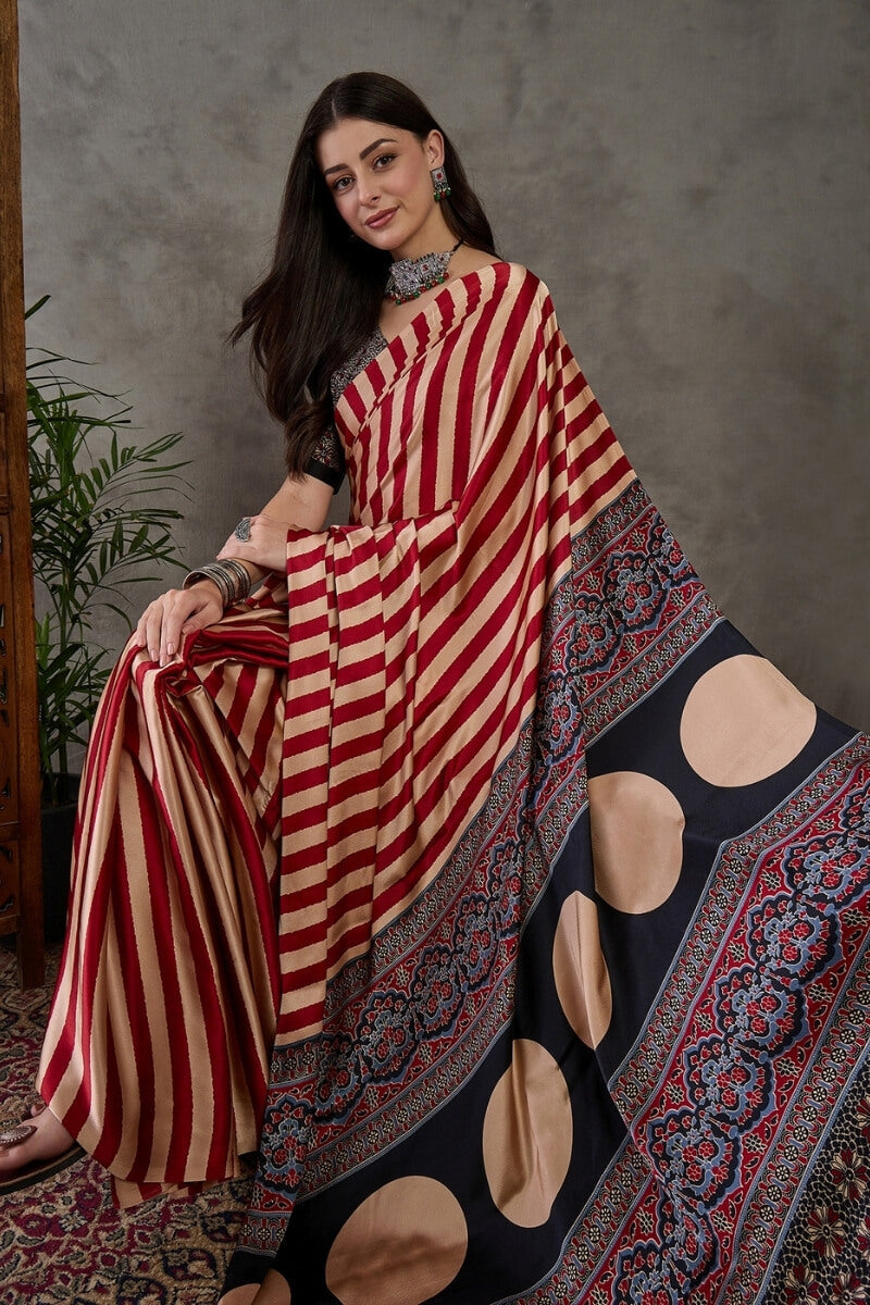 Rose Red Stripe Ajrakh Printed Satin Silk Saree