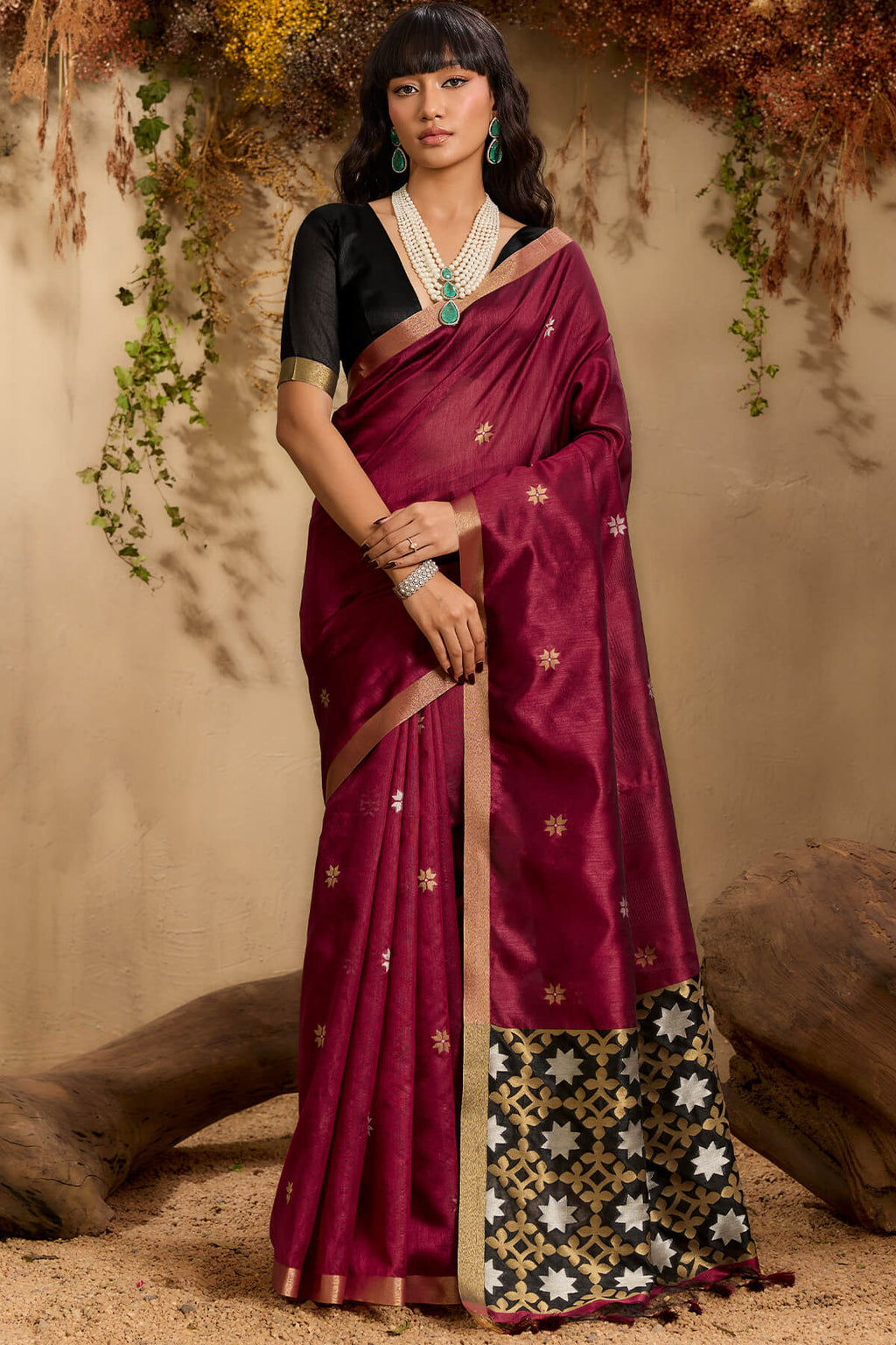 Rosewood Maroon Woven Tussar Silk Saree