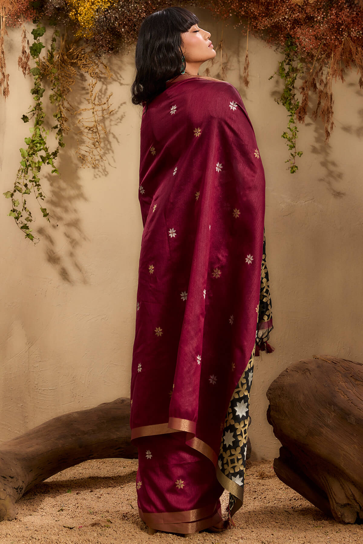 Rosewood Maroon Woven Tussar Silk Saree