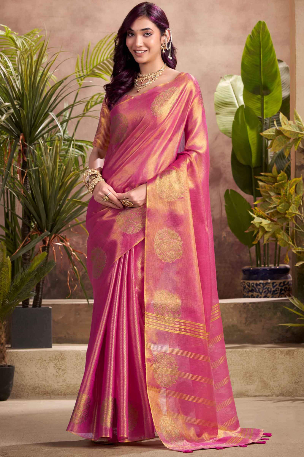 Rosy Pink Tissue Silk Saree