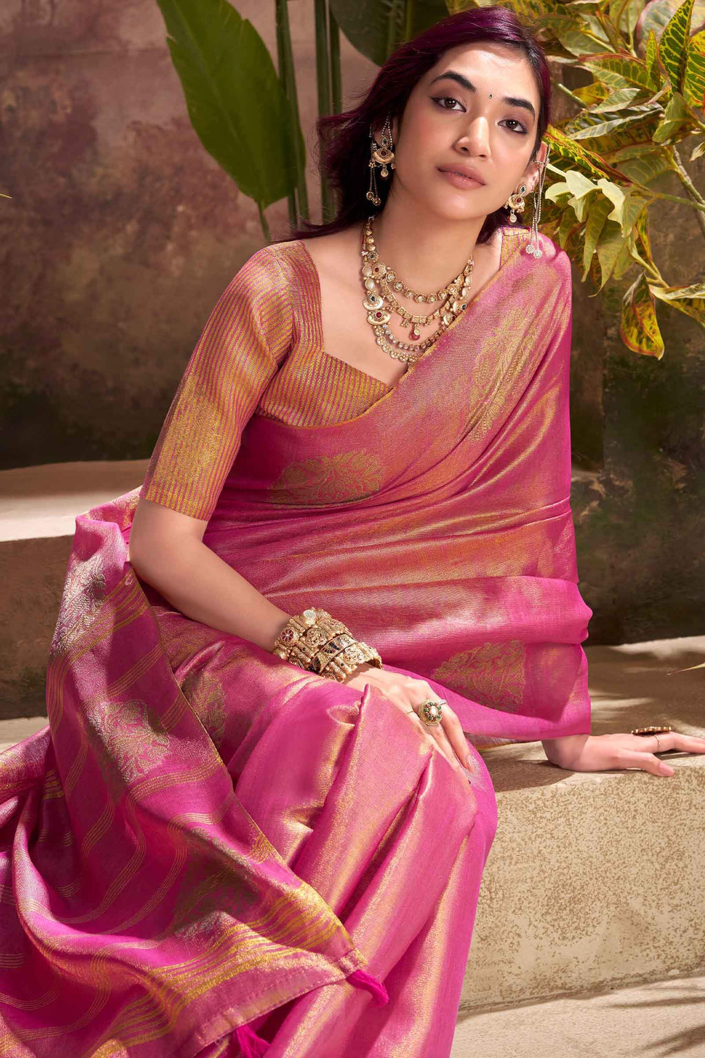 Rosy Pink Tissue Silk Saree
